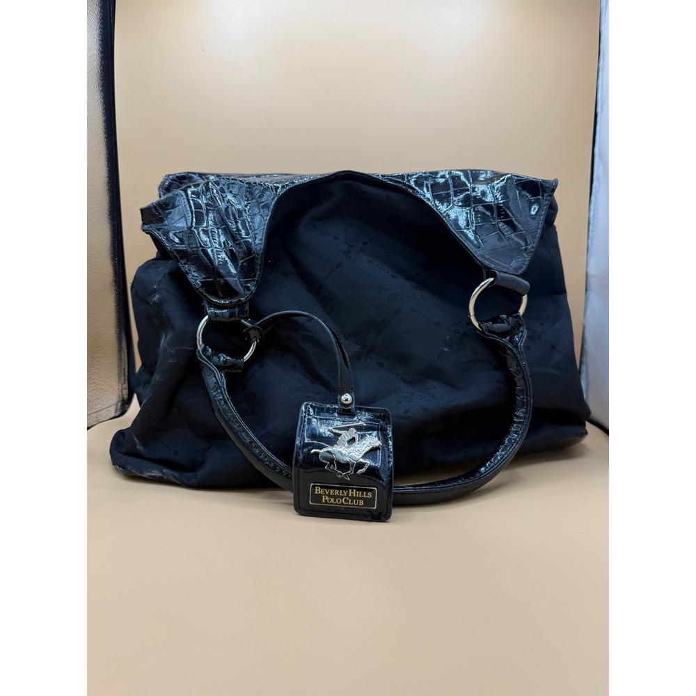 Beverly Hills Polo Club Black Jacquard Hobo Bag Croc Embossed Studded Trim - Picture 1 of 8